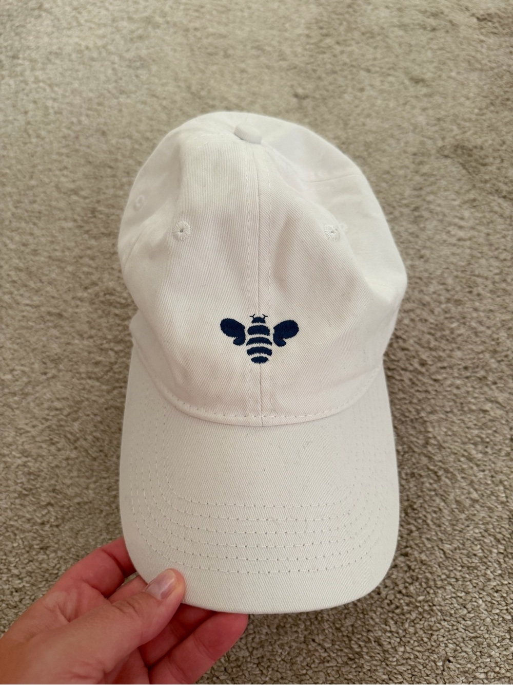 White Baseball Cap with Navy Bee Embroidery